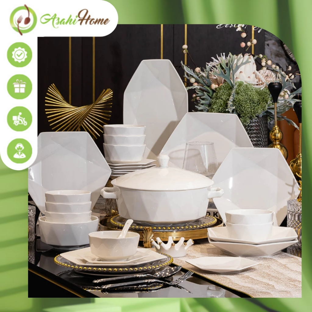 Bát đĩa lẻ món moonlight cao cấp ASAHI HOME trắng trơn cắt cạnh tinh tế