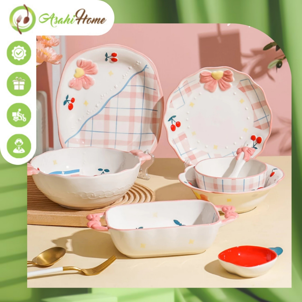 Bộ bát đĩa sứ dễ thương họa tiết nơ hồng ASAHI HOME, bộ đồ bàn ăn tiểu thư cao cấp bán lẻ món