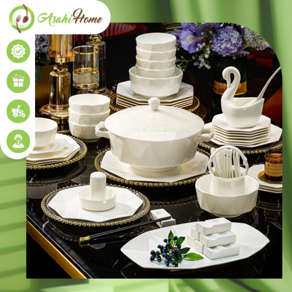 Set bát đĩa sứ Moonlight trắng trơn ASAHI HOME phong cách đơn giản nhưng sang trọng, tinh tế