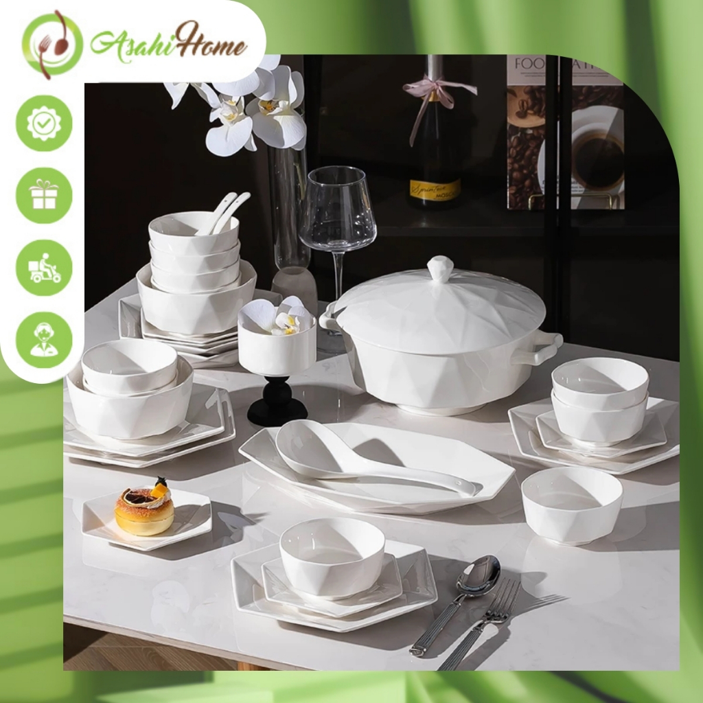 Bộ chén đĩa sứ vân kim cương lẻ món phong cách hoàng gia ASAHI HOME, set đồ bàn ăn đơn giản sang trọ