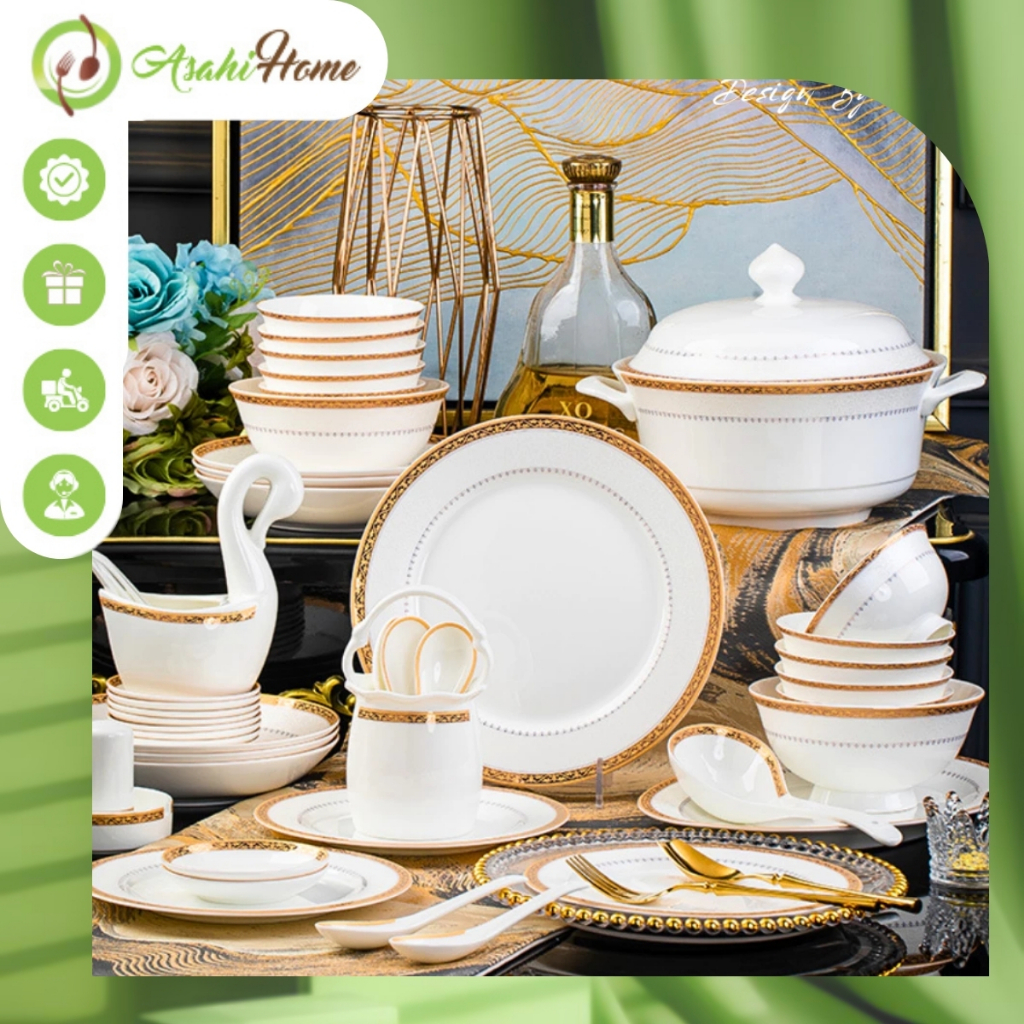Bát đĩa gốm sứ hoàng gia viền vàng đồng sứ xương lẻ món ASAHI HOME, bộ đồ bàn ăn bát đĩa cao cấp
