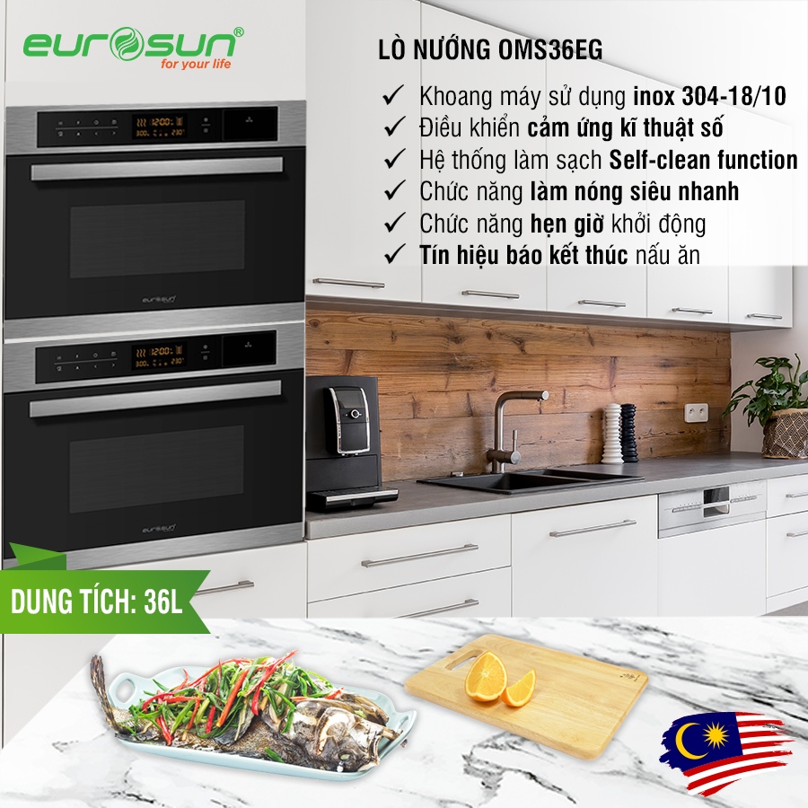 [EUROSUN] LÒ NƯỚNG EUROSUN OMS36EG, tích hợp lò hấp và vi sóng 17 Chức năng, làm nóng 7p đến 230 °C