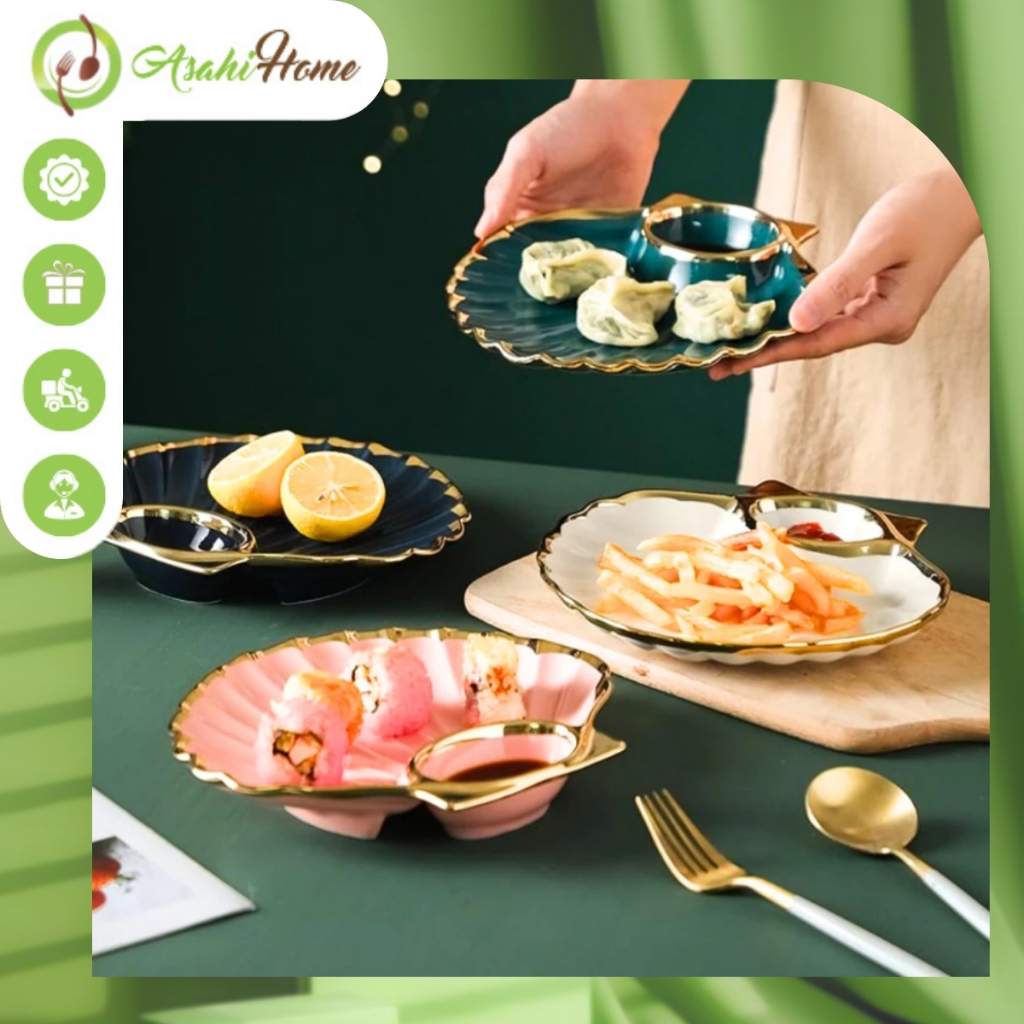 Đĩa sứ kèm ô chấm ASAHI HOME hình vỏ sò sang trọng với gốm sứ tráng men cao cấp, chịu nhiệt cực cao
