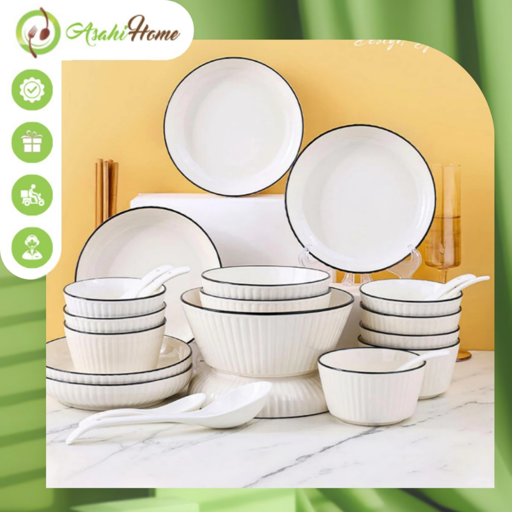 Chén bát đĩa lẻ món vân sọc ASAHI HOME, bộ đồ bàn ăn cao cấp tráng men trắng viền đen sang trọng