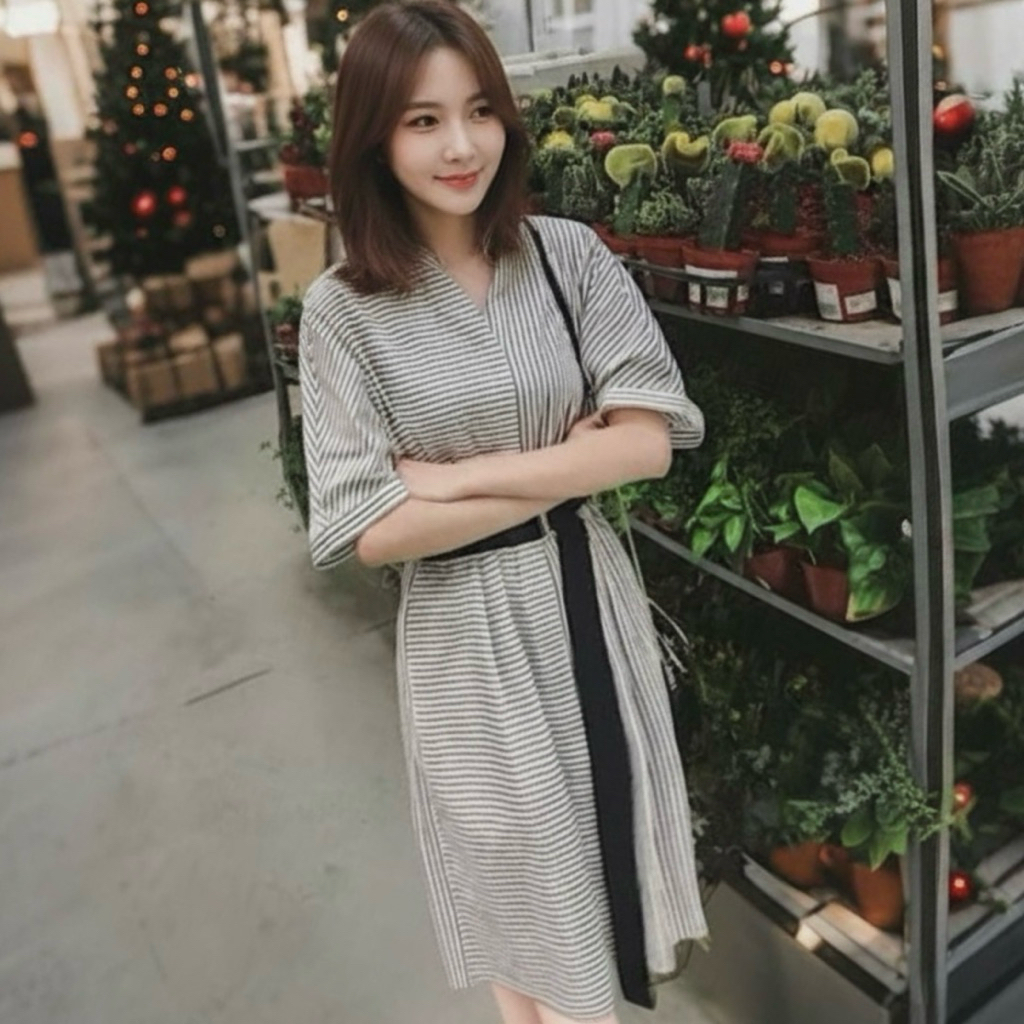 Đầm sơ mi cổ trụ sọc đen kèm belt đen