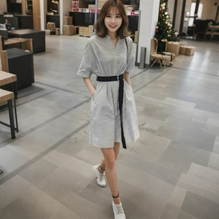 Đầm sơ mi cổ trụ sọc đen kèm belt đen