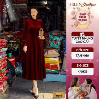  Đầm Nhung Tuyết Đỏ Rượu Quý Phái - Cổ Bèo Sang Trọng Ấm Áp - Dáng Dài Thanh Lịch - Có Túi - Mary Dress - Helen Boutique 