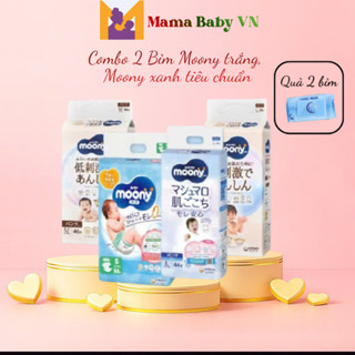   QUÀ KHĂN ƯỚT  Combo 2 bịch tã bỉm MOONY NATURAL   tiêu chuẩn Nhật dán quần NB63 S58 M46 L36 XL32 Mamababy 