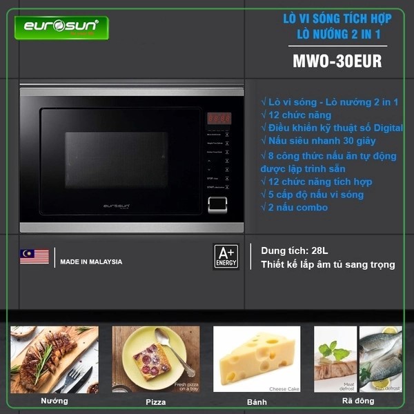[EUROSUN] Lò Vi Sóng kết hợp Âm Tủ EUROSUN MWO-30EUR – Dung tích 28L, Cảm ứng kỹ thuật số Digital