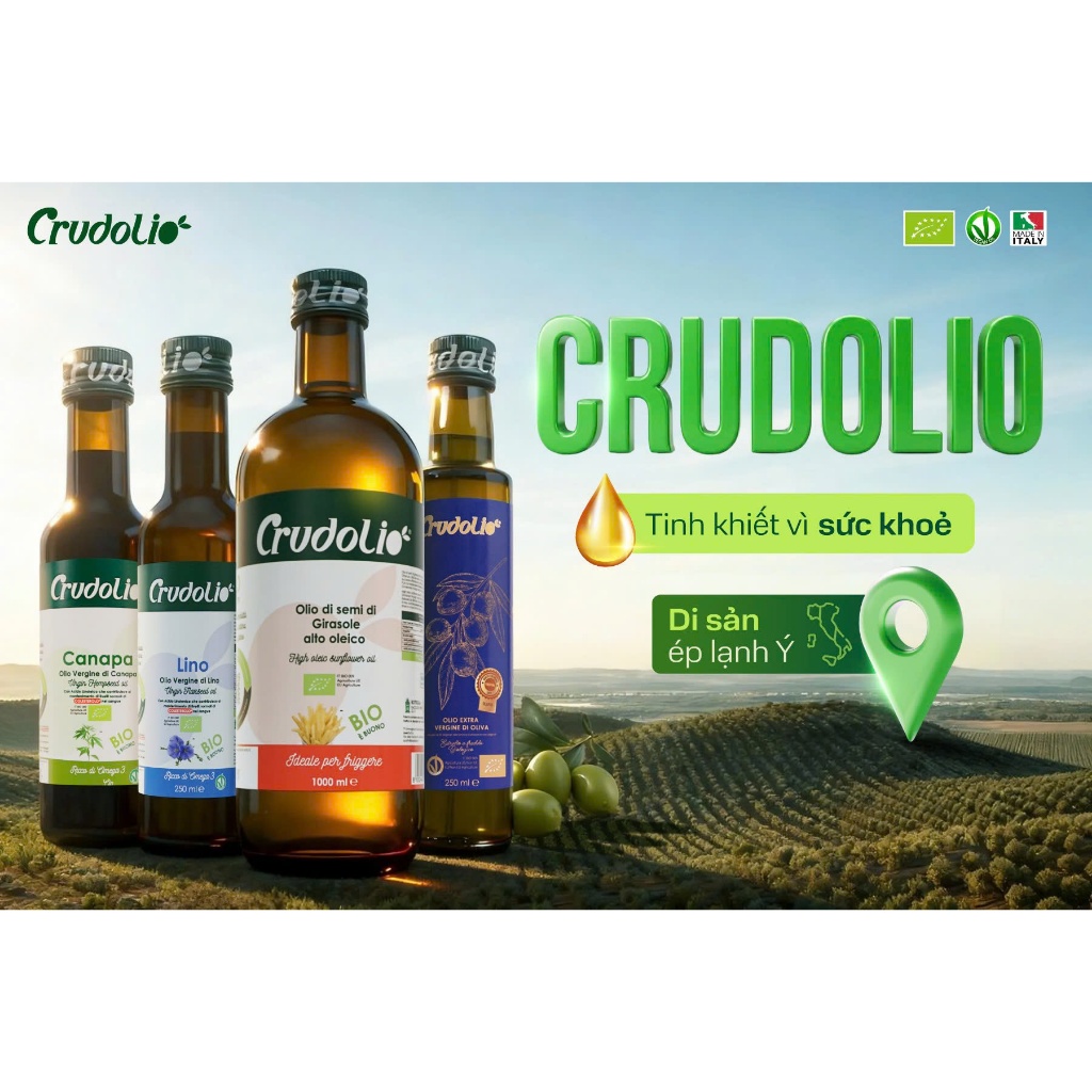 MUA 1+1 Dầu Olive Extra Virgin Hữu Cơ Ép lạnh Siêu Nguyên Chất Crudolio Nhập Khẩu/ Dầu Hạt Lanh/Omeg