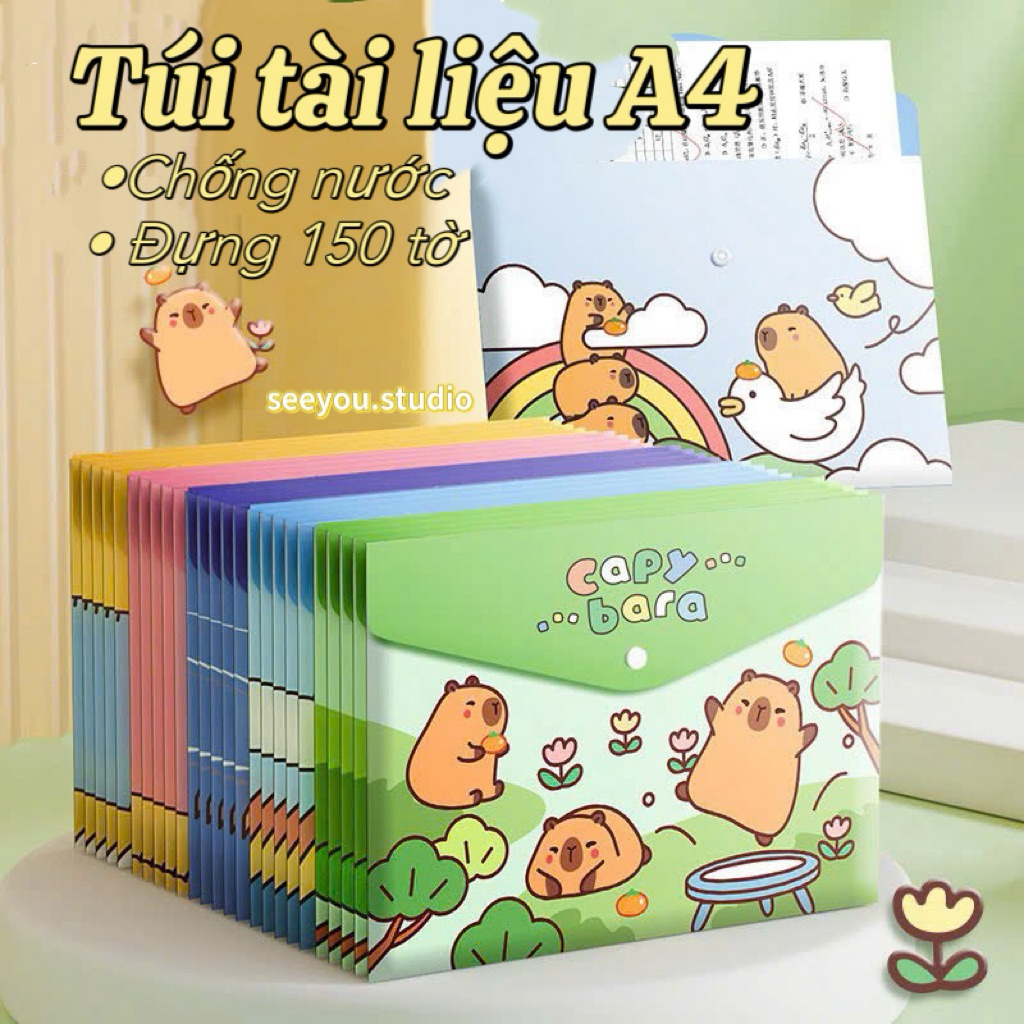 Túi Tài Liệu A4 Capybara Cute • Túi Cúc A4 Chống Nước • Bìa Sơ Mi Hoạt Hình • File A4 Đựng Quà Tặng 
