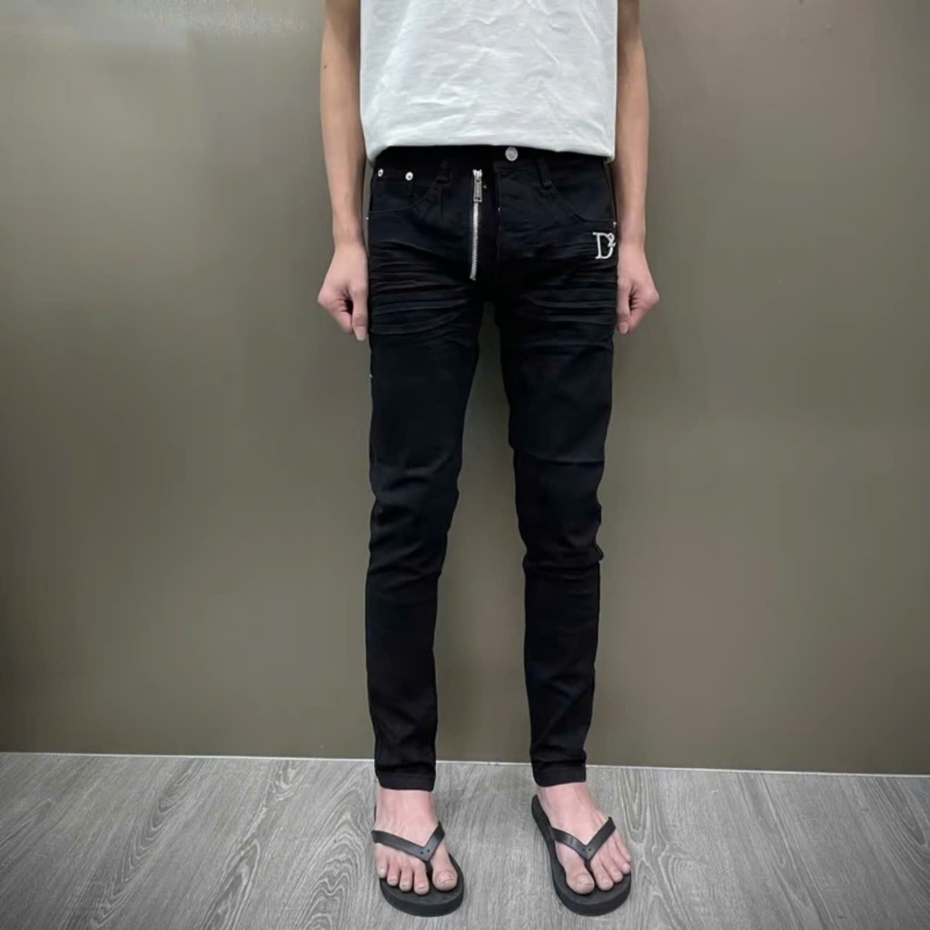 quần Jeans nam đen trơn khóa lệch d2 bạc đính đùi có bốn cúc