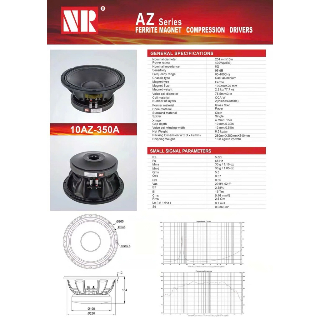 Loa Bass 25 NR, Model: 10AZ-350A, từ 190 coil 76 (1 chiếc)