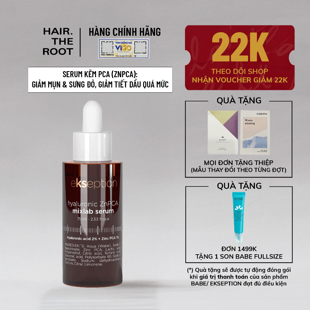 Serum Kẽm Ekseption Hyaluronic ZnPCA, 2% HA + 1% Kẽm PCA Giảm Dầu Mụn 75ml - Hàng Công Ty Chính Hãng