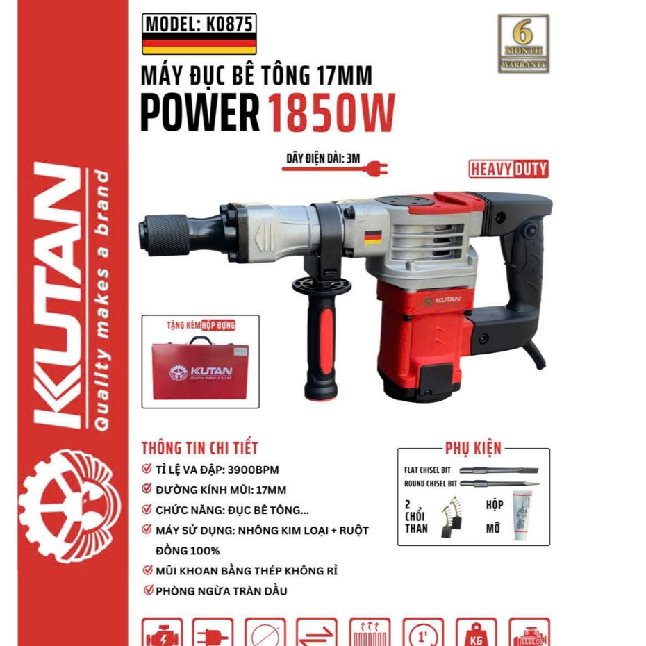 Máy đục bê tông KUTAN Máy đục bê tông KUTAN K0835 - K0875    ✅ Công suất: 1850w   ✅ Tốc độ : 2900T/m