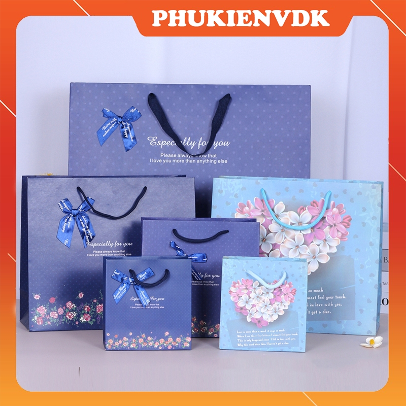 Túi Quà Tặng In Hoa Thời Trang Túi Giấy Cứng Đựng Quà Màu Xanh Tím Cao Cấp W28