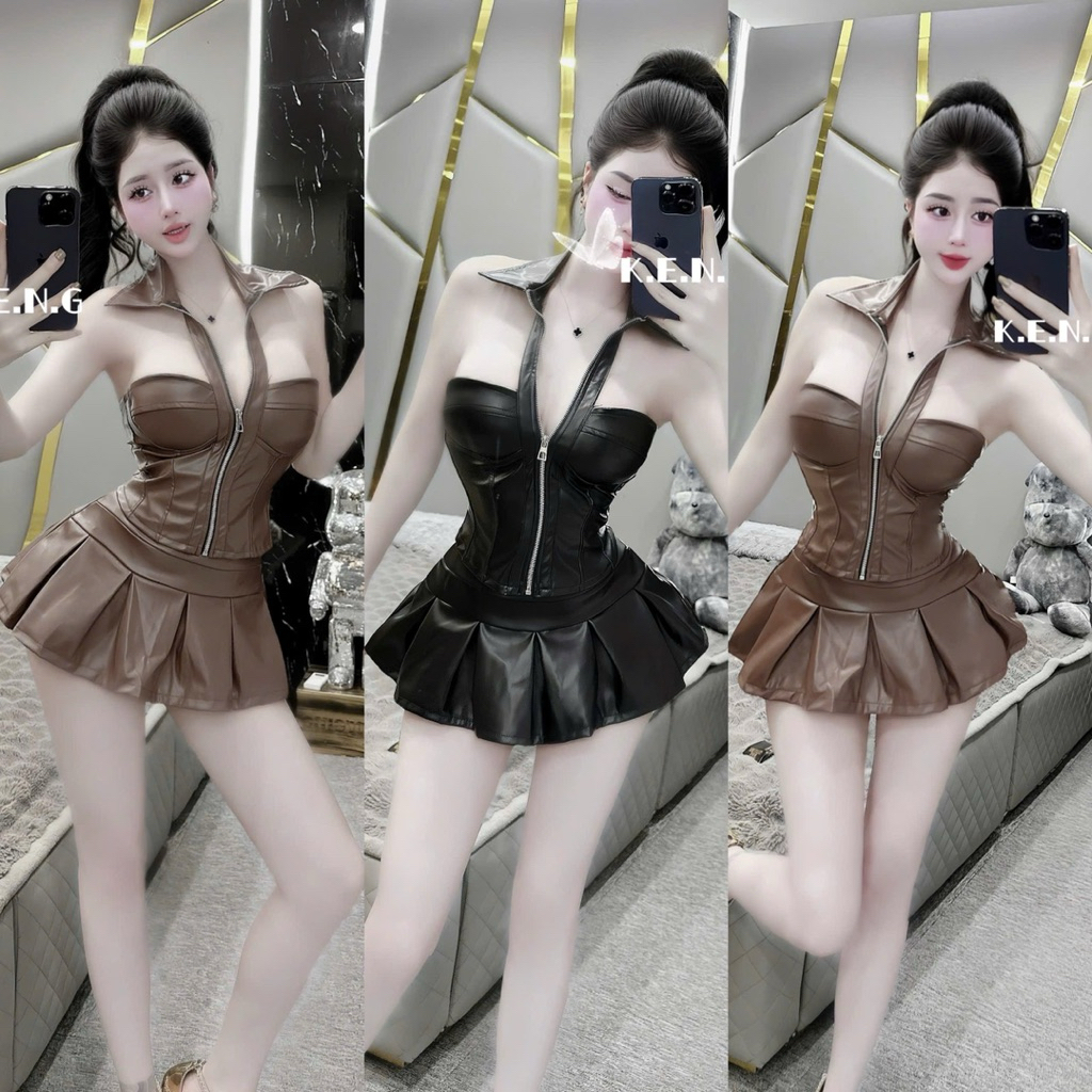 Set đầm yếm da khoá nữ sexy diện phố bar dancer concert a24