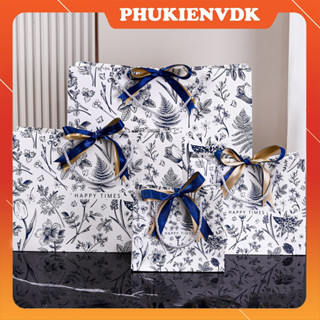 Túi Giấy Đựng Quà Hoa Văn Đen Trắng Sọc Xanh Sang Trọng Túi Quà Tặng Ruy Băng 2 Màu W29