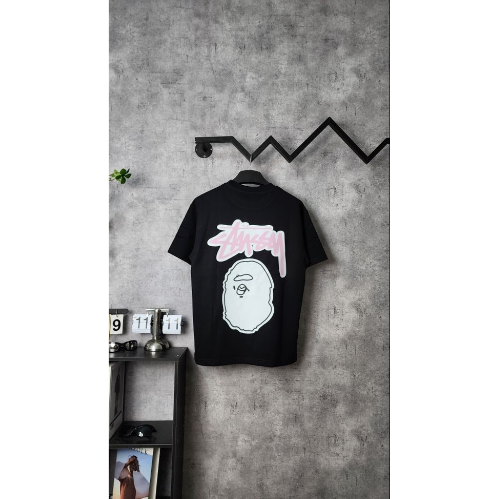 [ Ảnh Thật  ] Áo Thun Stussy Bape Pink Form Rộng Cá Tính 100% Cotton 2 Chiều Siêu Dày - Play Zone