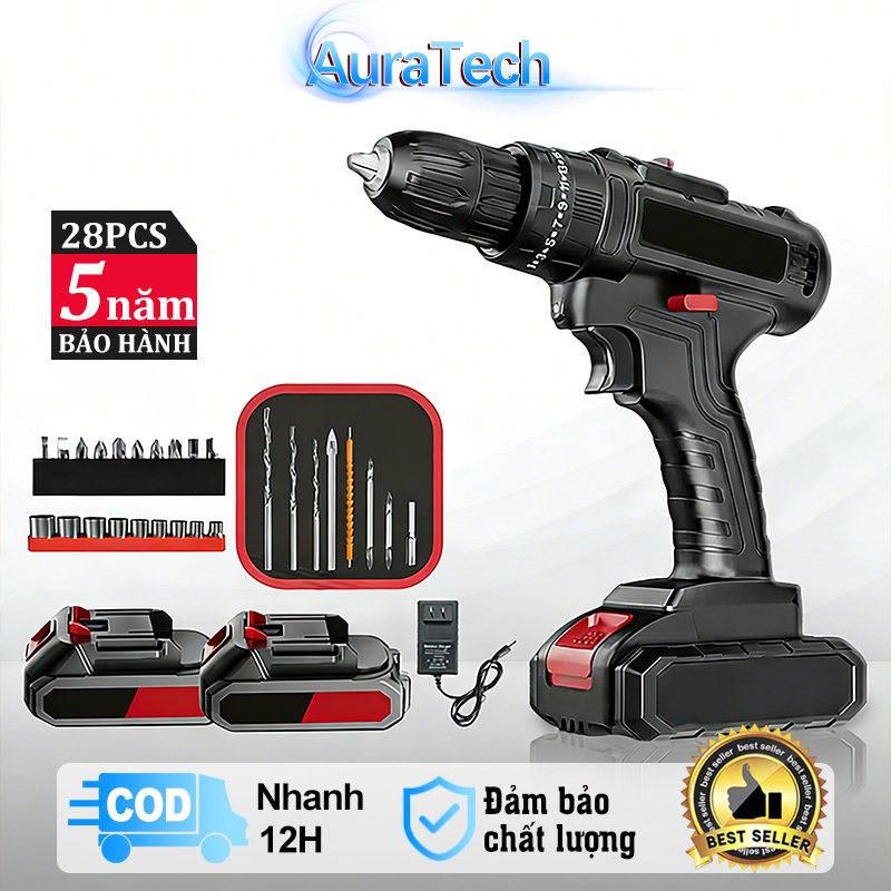 Aura Máy Khoan Không Dây 21V Pin Cao Cấp Khoan 3 Chức Năng Bắt Vít Khoan Tường Có Búa Khoan Sắt Không Chổi Than