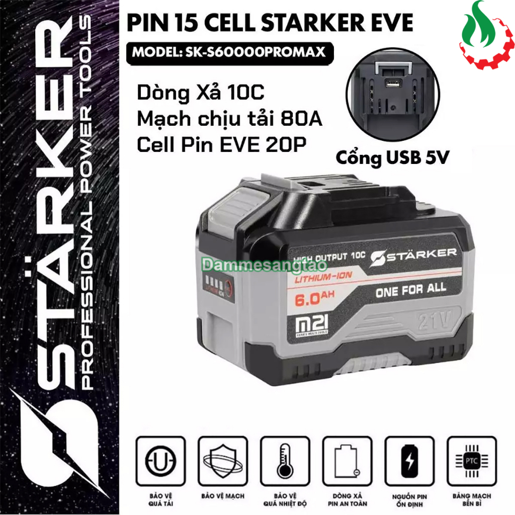 Pin STARKER 21V SK-S6000PROMAX EVE 15 Cell 18650 6AH chân pin Makita