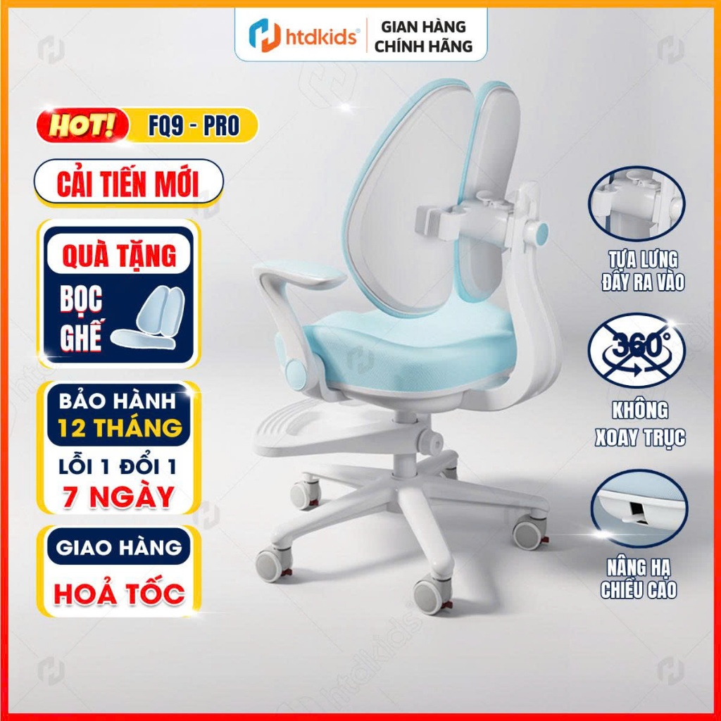 Ghế ngồi học thông minh cao cấp chống gù lưng HTDkids FQ9-Pro tăng giảm chiều cao, tựa lưng đạt chuẩ