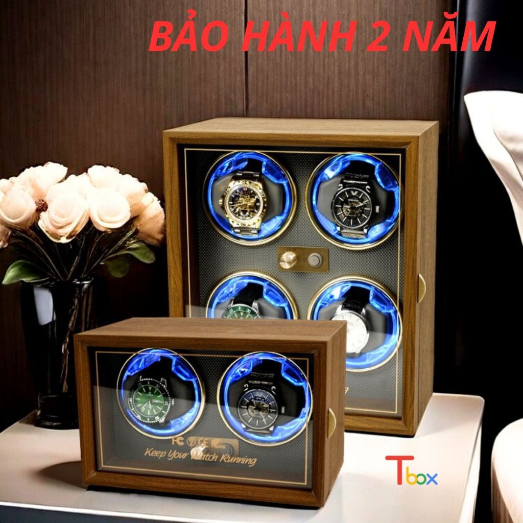 Hộp xoay đồng hồ cơ tủ đứng 4 ngăn và 2 ngăn xoay lắc lên cót cho đồng hồ có đèn Led