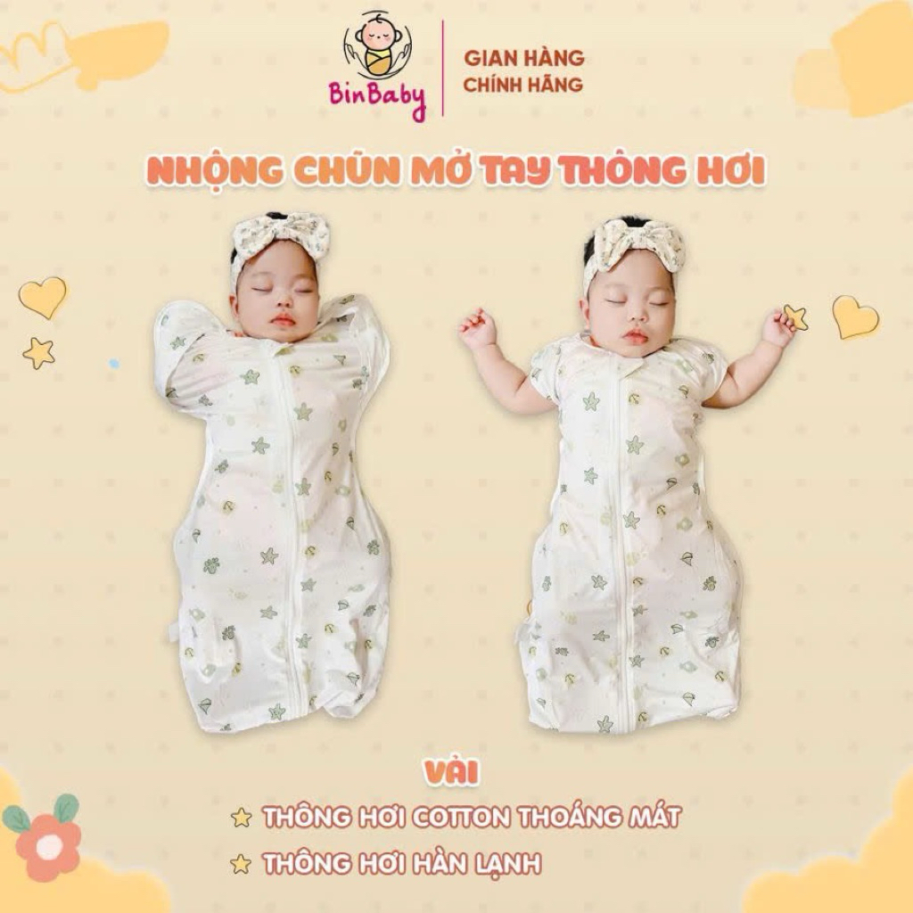 Nhộng chũn cho bé sơ sinh, nhộng chũn cho bé mở tay Binbaby vải thông hơi, peptit,giúp bé ngủ ngon