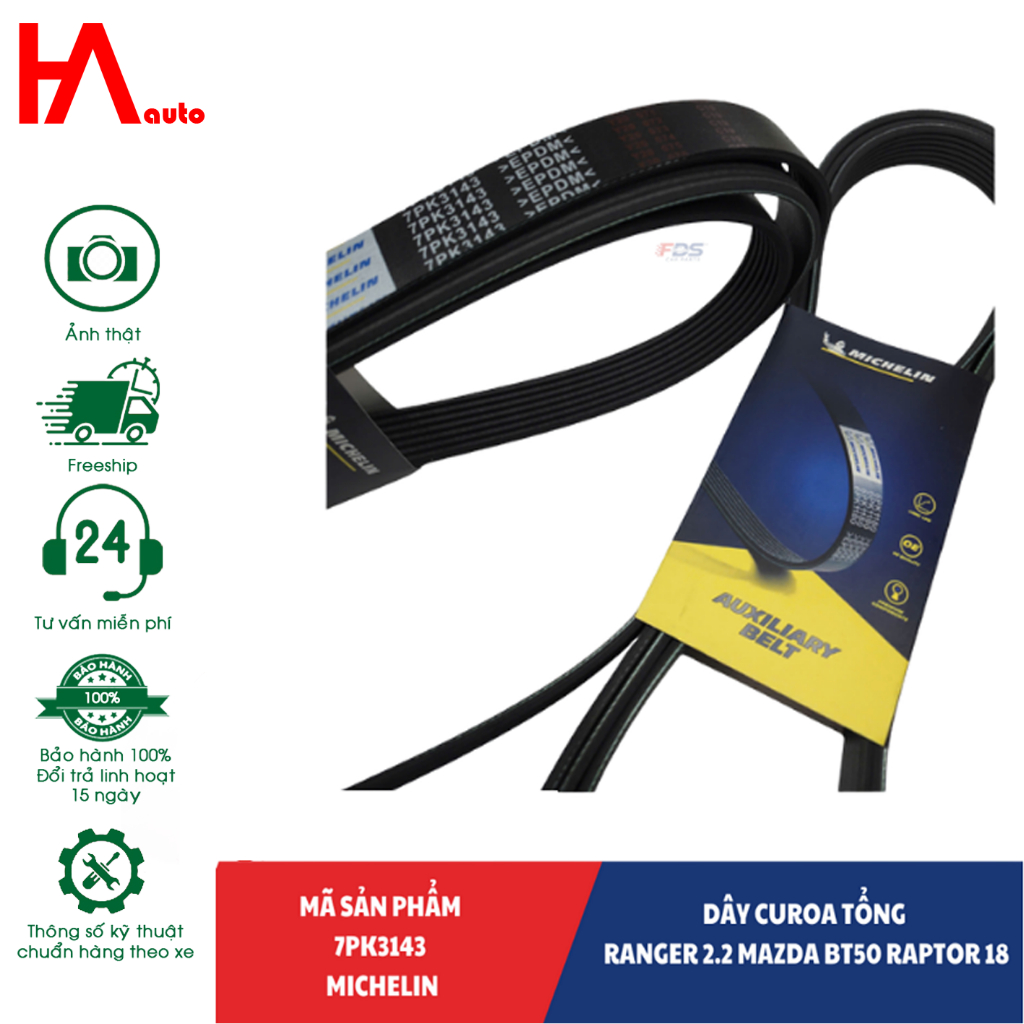 (CHÍNH HÃNG) Dây curoa tổng MICHELIN RANGER 2.2 MAZDA BT50 RAPTOR 18. Mã 7PK3143