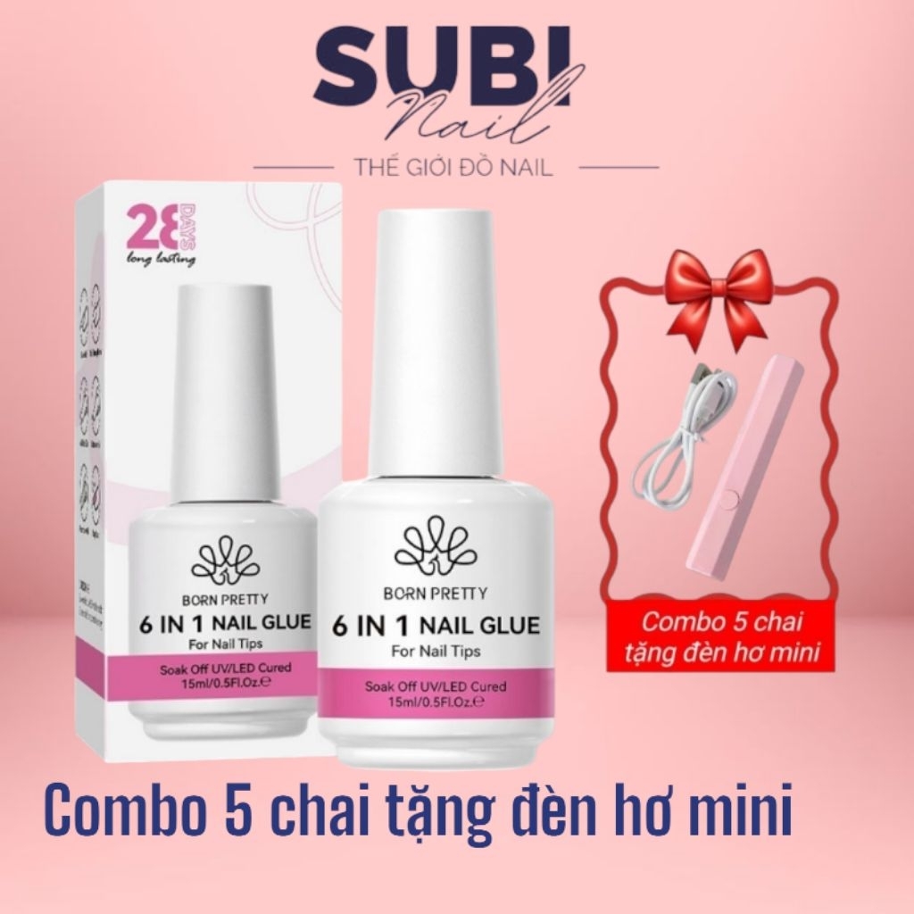 Combo 5 chai glue gel 6in1 tặng đèn hơ mini, glue gel 6 in 1 dán móng nối móng tay, cứng móng, đắp m