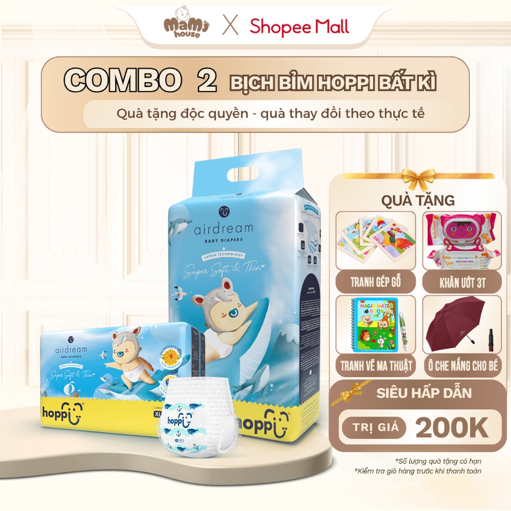 [ DEAL KÈM QUÀ] COMBO 2Bịch Bỉm-Tã Hoppi Airdream siêu mềm mỏng đủ size cho bé từ NB đến XXL