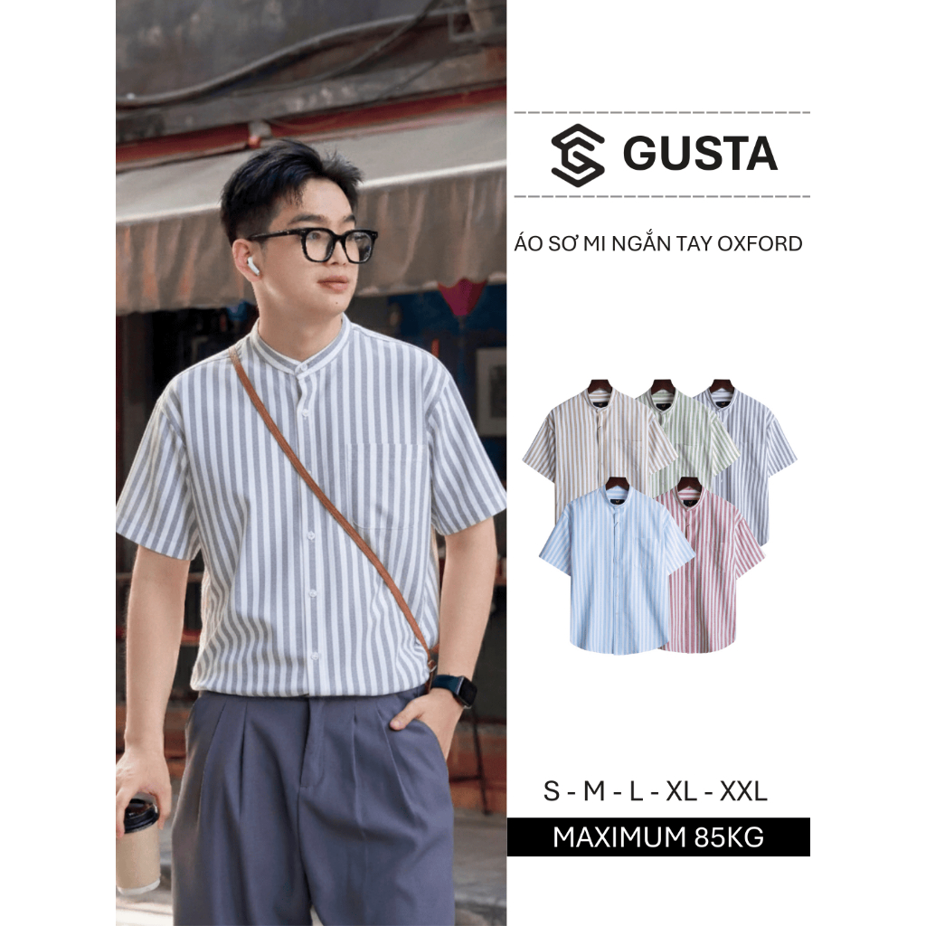 Áo Sơ Mi Ngắn Tay Gusta Chất Oxford Dáng Regular Cổ Tàu Họa Tiết Kẻ Sọc Basic Cao Cấp SM55