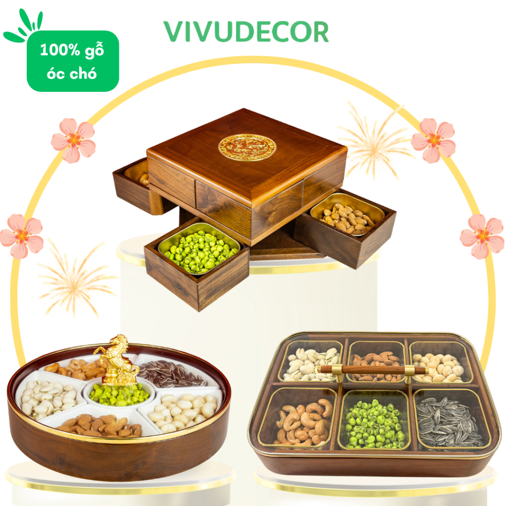  Khay đựng bánh kẹo Tết 100% gỗ óc chó cao cấp Hộp đựng bánh kẹo Tết Vivudecor 6 ngăn sang trọng 