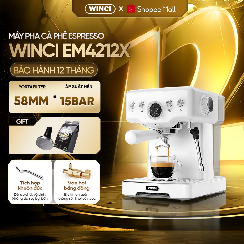 Máy pha cà phê Winci 4212X Pro, bản nâng cấp tay cầm 58mm. Bảo hành 1 năm chính hãng