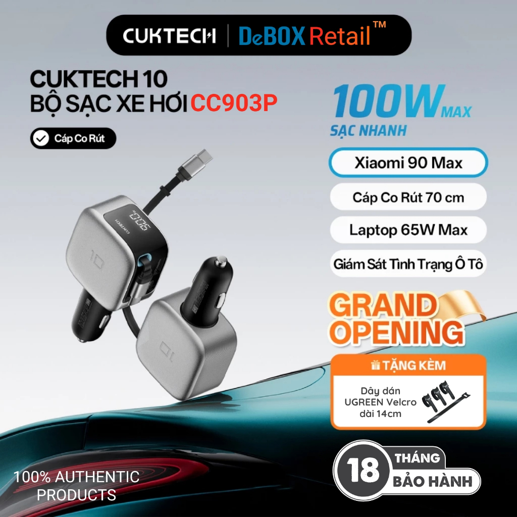 Bộ Tẩu Sạc Nhanh Xe ô tô CUKTECH CC903P 100W Max có cáp rút 70cm tích hợp hỗ trợ Xiaomi 90W Max Lapt