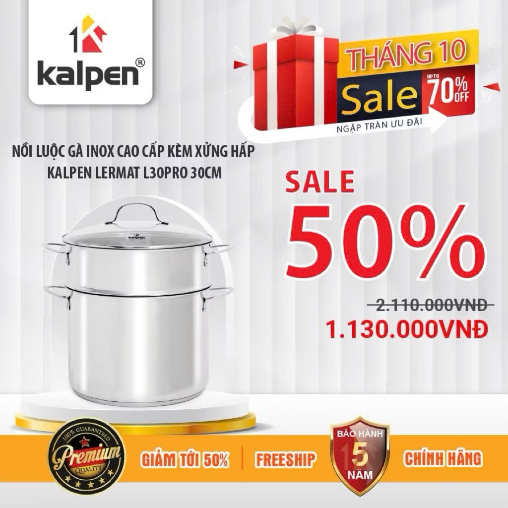 Nồi luộc gà kèm xửng hấp 30cm Kalpen HỎA TỐC L30PRO 30cm inox 304, nồi hấp inox luộc gà bếp từ chính
