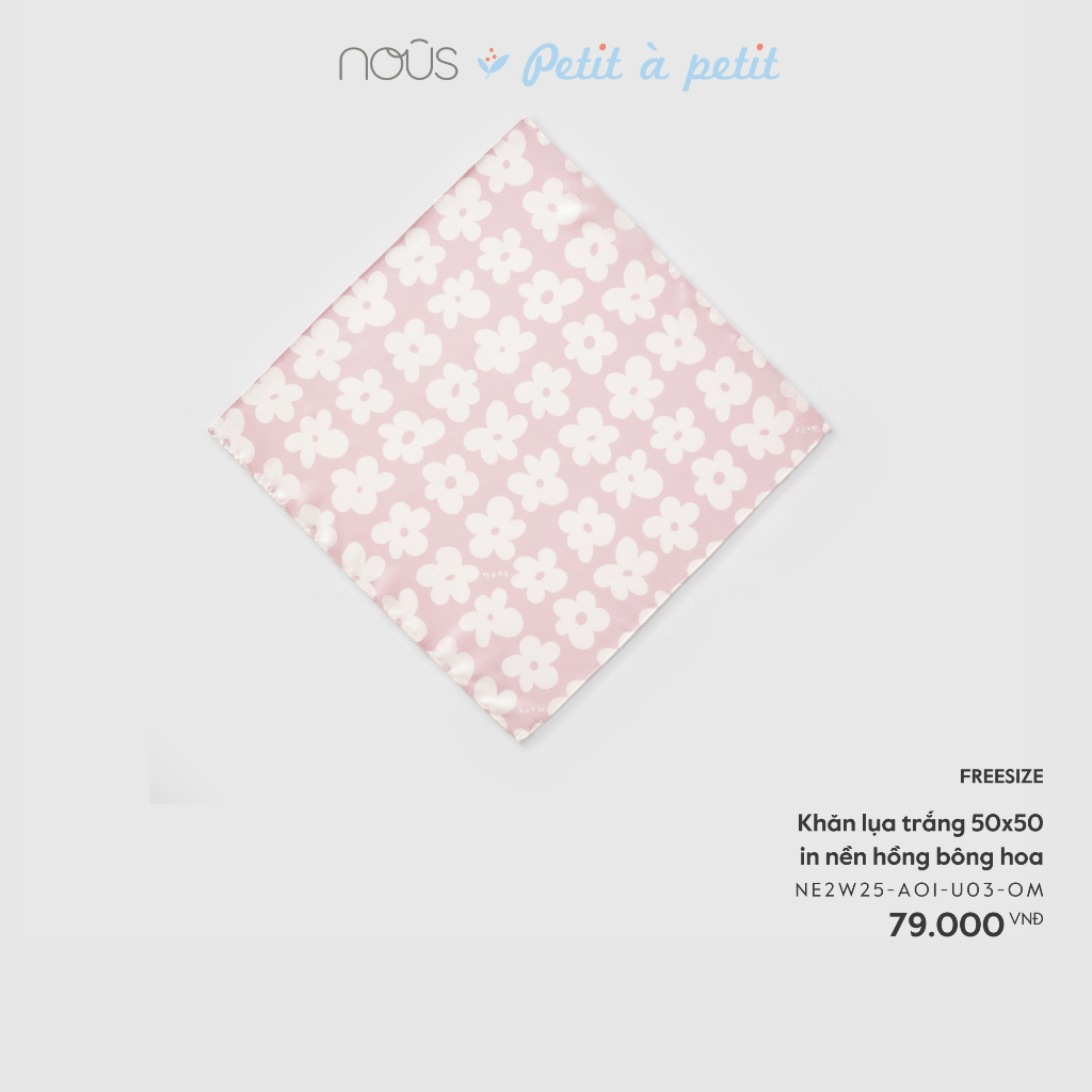 Nous - Khăn lụa trắng 50x50 in nền hồng bông hoa Nous Miền Nam