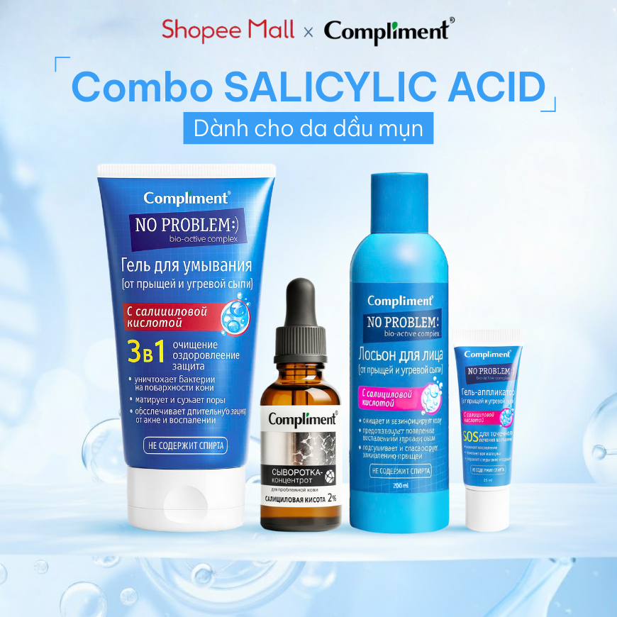 Combo Compliment BHA Salicylic Acid (SRM, Toner, Serum) Giảm Mụn, Mờ Thâm & Cấp Ẩm Cho Da Dầu