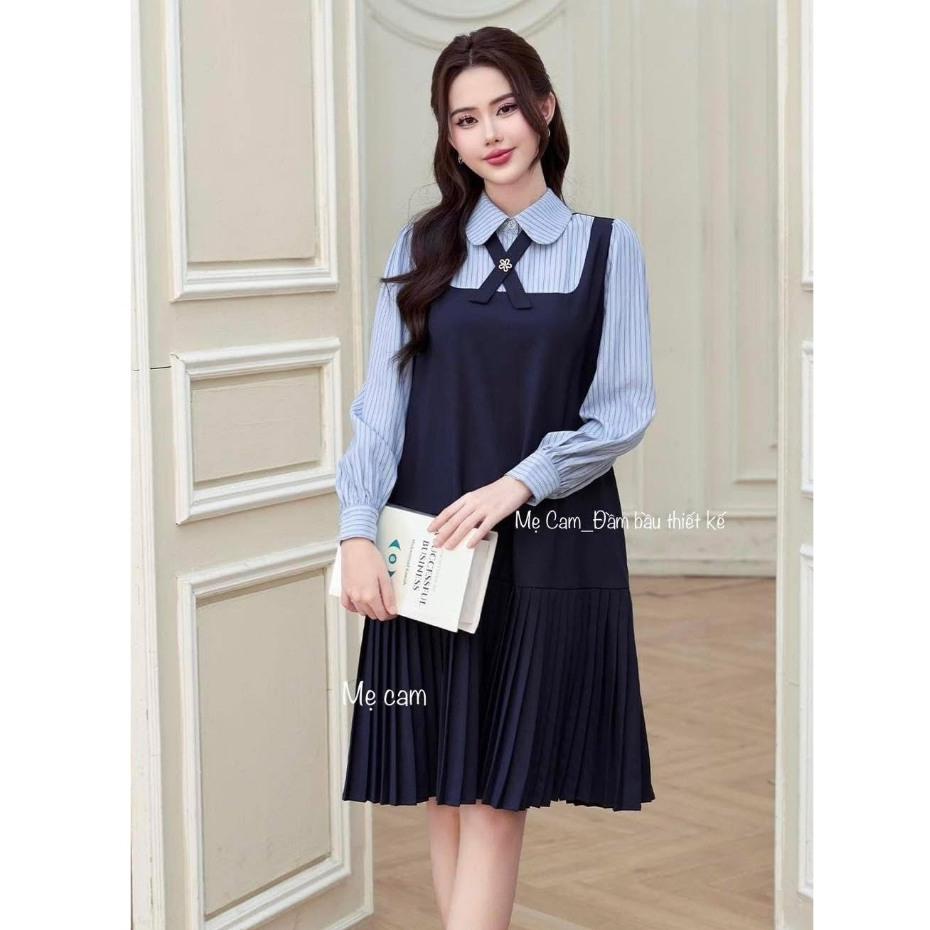 Váy bầu công sở MYLA thiết kế dáng đuôi cá phối cổ, tay kẻ