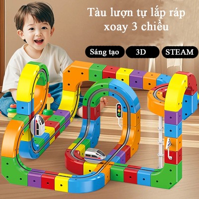 Đồ chơi lắp ghép đường ray tàu lượn KAVY bằng khối nam châm 3D nhiều chi tiết sạc USB