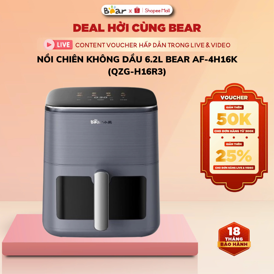 Nồi chiên không dầu 6L Bear AF-4H16K (QZG-H16R3), 1600W, Chiên hơi nước, Menu cảm ứng, BH 18 Tháng