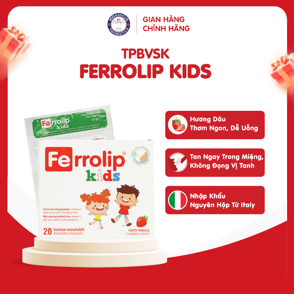 Sắt Ferrolip Kids Cho Bé Từ 1 Tuổi - Sắt Bao Vi Nang Không Đọng Vị Tanh, Bổ Sung Sắt Ngừa Thiếu Máu,Nhập Khẩu Italy.