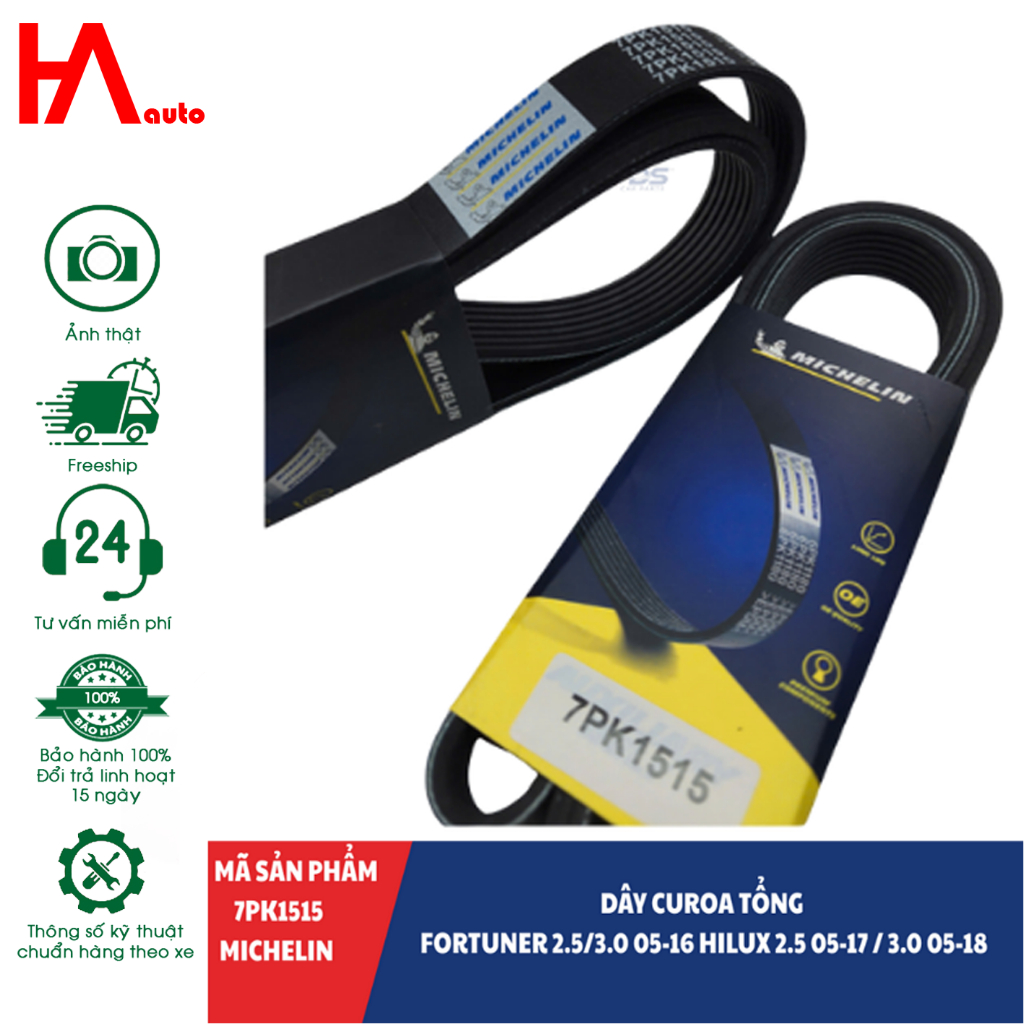 (CHÍNH HÃNG) Dây curoa tổng MICHELIN Fortuner 2.5/3.0 05-16 Hilux 2.5 05-17 / 3.0 05-18. Mã  7PK1515
