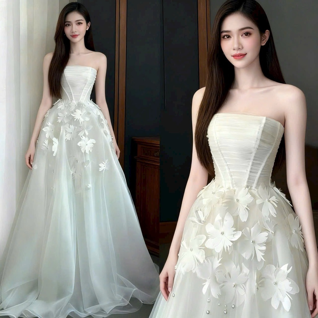 Váy Cưới Cup Ngực Kết Hoa Nổi Xoè Công Chúa Cô Dâu Đi Bàn Size S M L Chất Lưới V454 AĐ BOUTIQUE