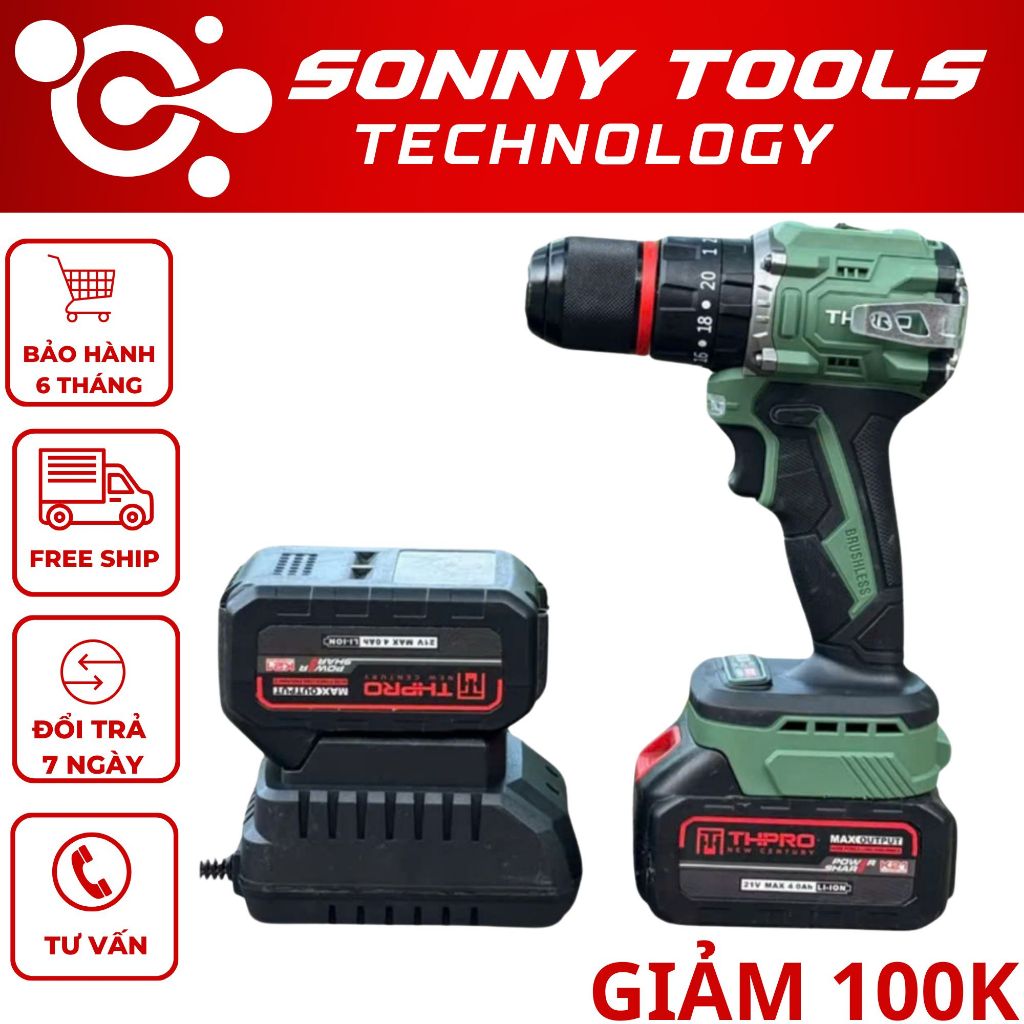 Máy Khoan Pin THPRO TH13, 3 Chức Năng, Đầu 13ly Autolock, Động Cơ Không Chổi Than, Chân Pin Phổ Thôn