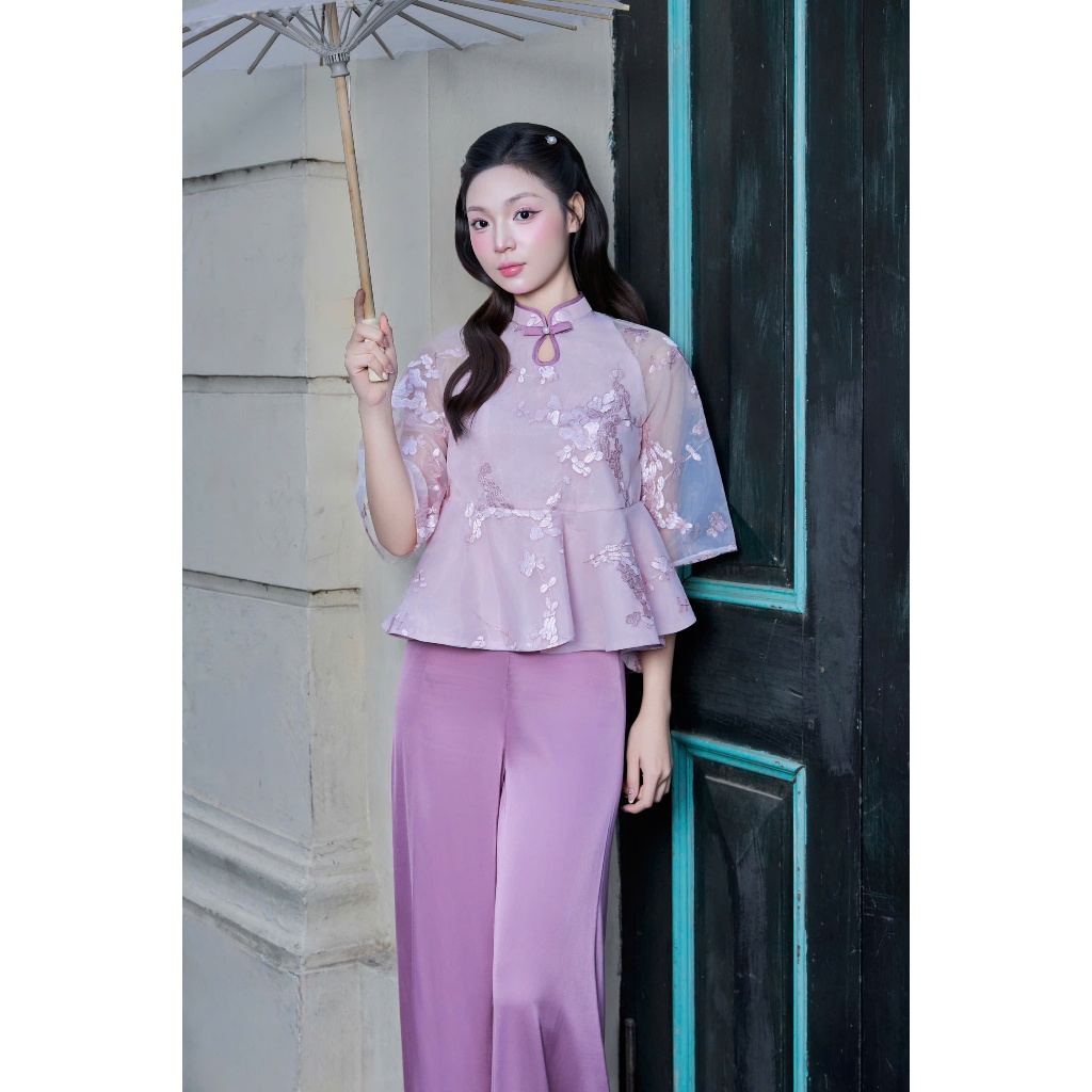 MioChic - Set Áo Tơ Thêu Đính Nơ Tay Lửng + Quần Lụa Suông – Sang Trọng BO002