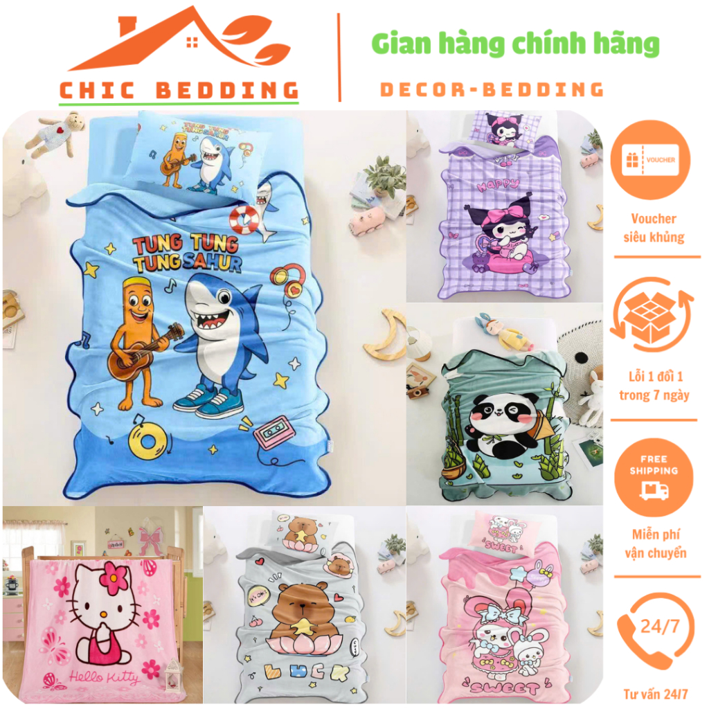 Chăn tuyết nhung cho bé siêu mềm mịn nhiều họa tiết dễ thương, mền cho bé đi học đắp 4 mùa, kích thước 100x140cm