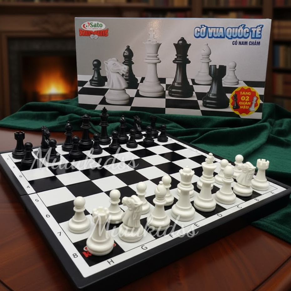 Bộ Cờ Vua Quốc Tế Có Nam Châm Sato – Bàn Cờ 32x32cm, Quân Cờ Nhựa Cao Cấp, Tặng 2 Quân Hậu