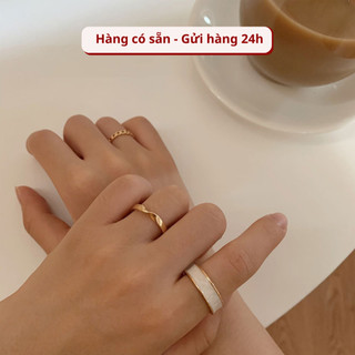 Set nhẫn nữ trơn đơn giản họa tiết sà cừ Her Accessories, phụ kiện trang sức 3 chiếc nhẫn kim loại basic dễ phối đồ N1