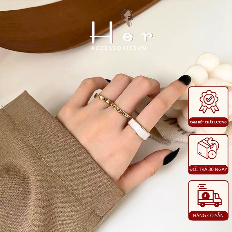 Set nhẫn nữ trơn đơn giản họa tiết sà cừ Her Accessories, phụ kiện trang sức 3 chiếc nhẫn kim loại b